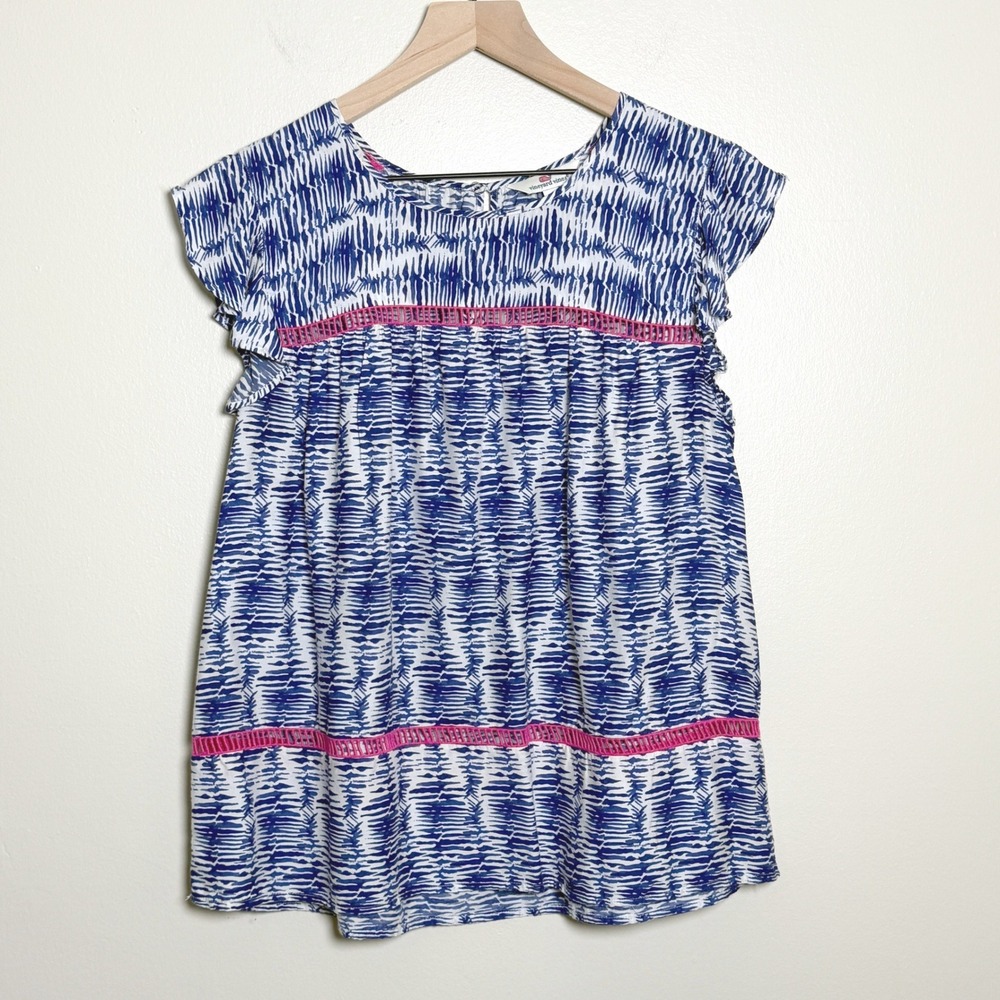 Vineyard Vines Blue White Pink Silk Blend‎ Flutter Sleeve Top 2W2076